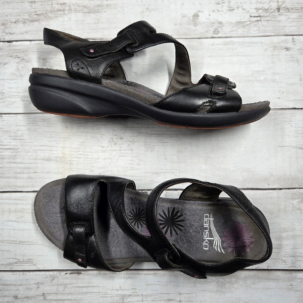 Dansko Strappy Comfort Sandals Women 37 Black Leather Adjustable Walking Shoes